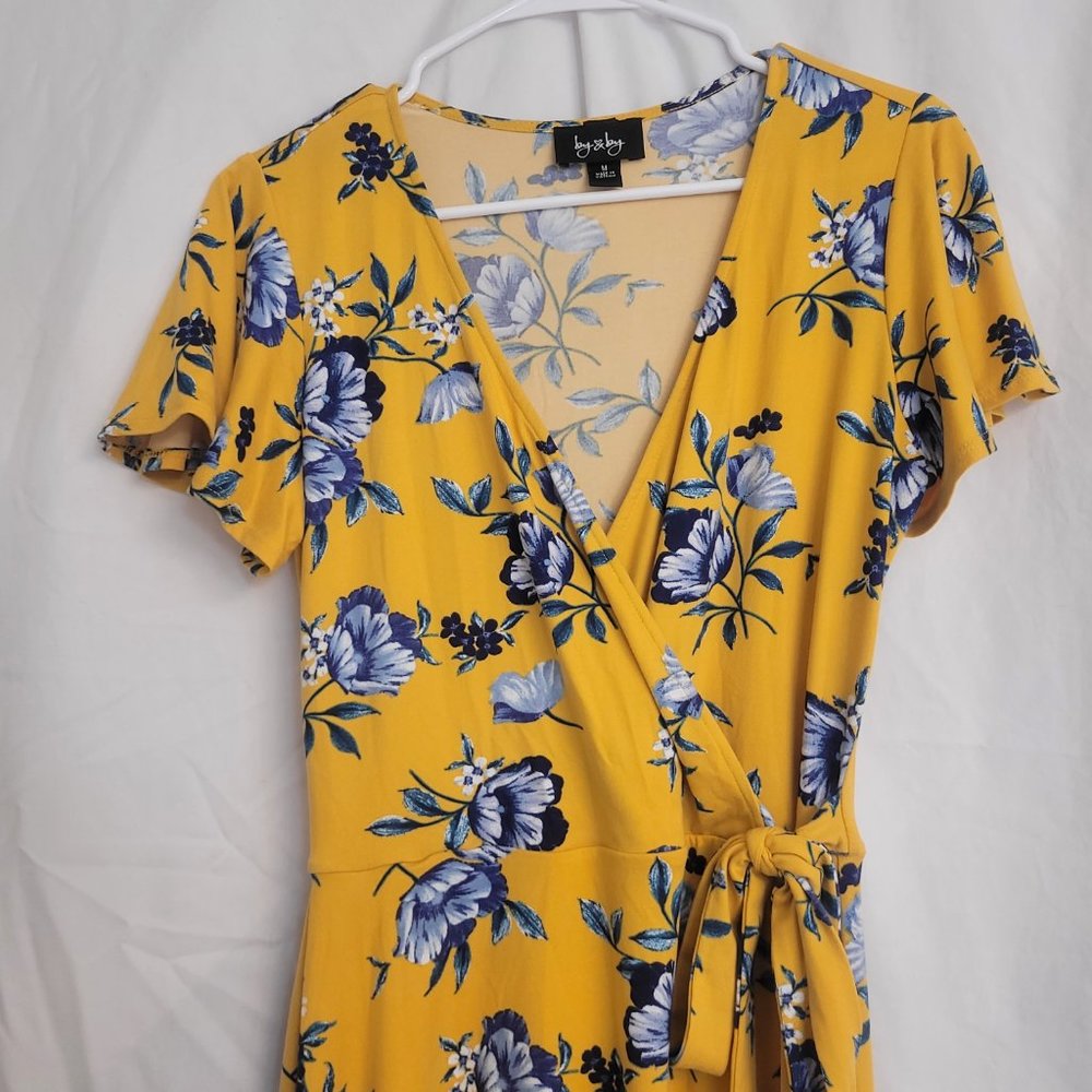 By & By Juniors Floral Yellow and Blue High Low Super Soft Faux Wrap Dress - Picture 2 of 10
